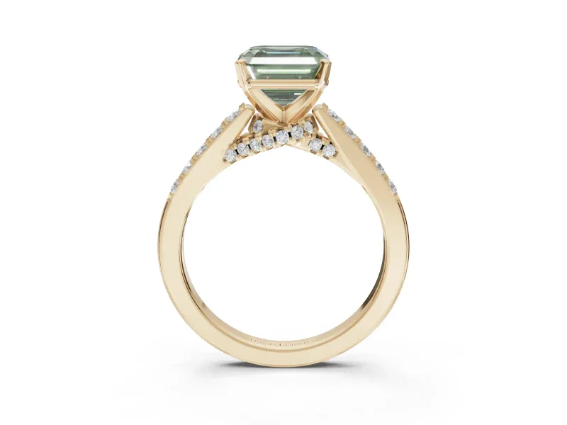 Asscher Cut Pavé Solitaire Engagement Ring Setting for a Fancy Green Lab-Grown Diamond | Crossover Gallery | Yellow Gold