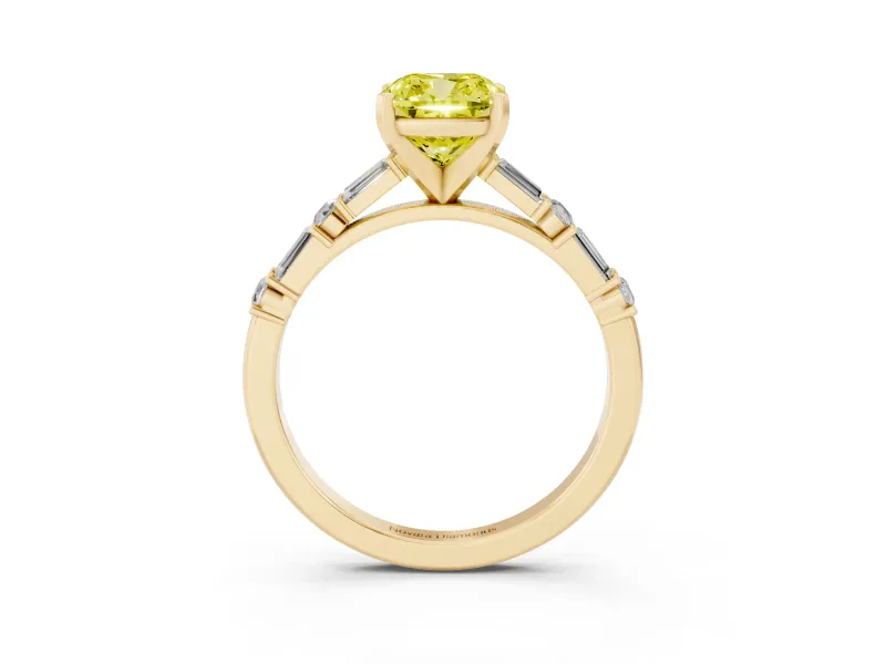 Fancy Yellow Cushion Cut Diamond Solitaire Set in Yellow gold with Side Baguettes and Channel Set Band