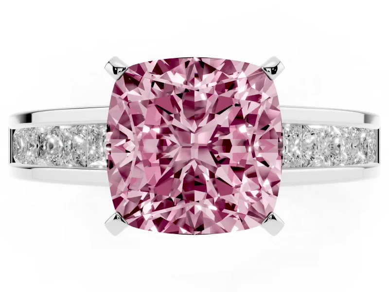 Fancy Pink Cushion Cut Diamond Solitaire Ring Set in Silver with Channel-Set Band and Prong Setting