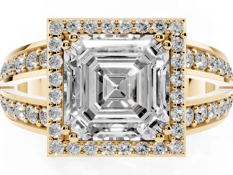 Asscher Cut Halo Engagement Ring Setting | Two-Row Pave Split Shank | Yellow Gold