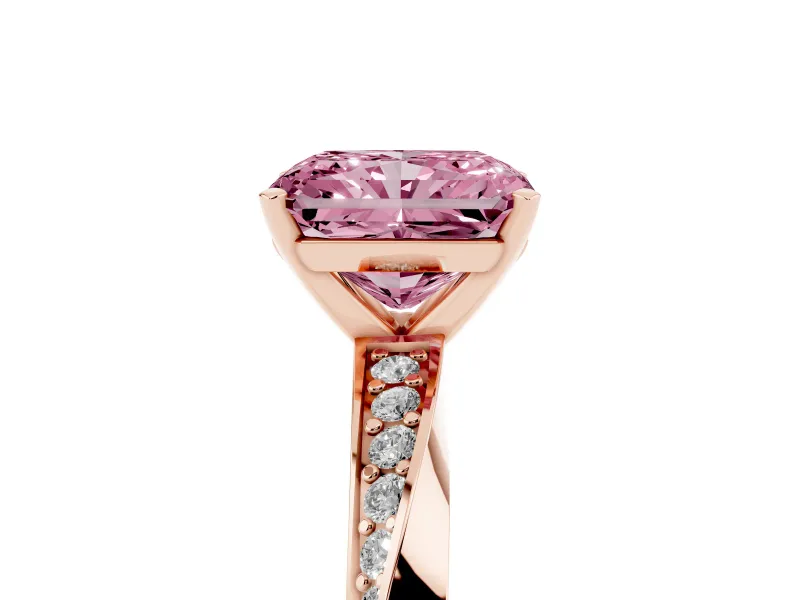 Fancy Pink Radiant Cut Diamond Engagement Ring Set in Rose gold with Side Stone Accents and Prong Setting