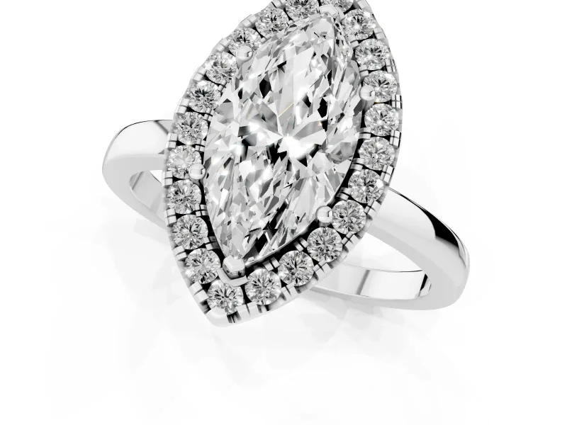Marquise Cut Diamond Halo Solitaire Ring Set in White gold with Pavé Band and Prong Setting