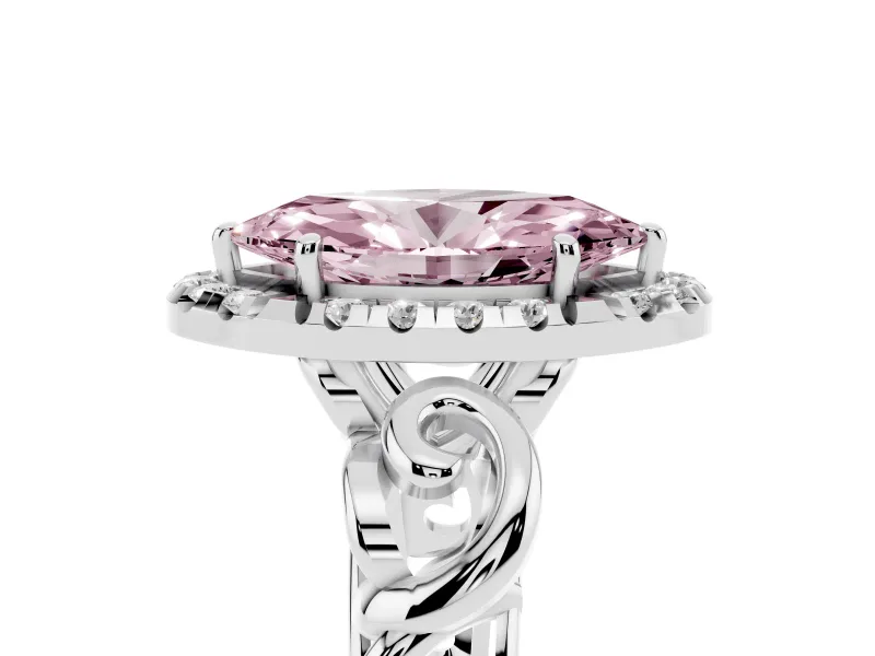 Fancy Pink Marquise Cut Diamond Halo Ring Set in Silver with Scrollwork Band and Prong Setting