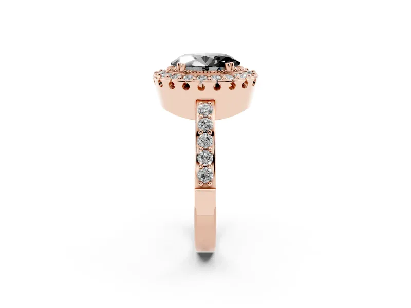 Fancy Black Oval Cut Diamond Halo Ring Set in Rose gold with Pavé Shank and Prong Setting