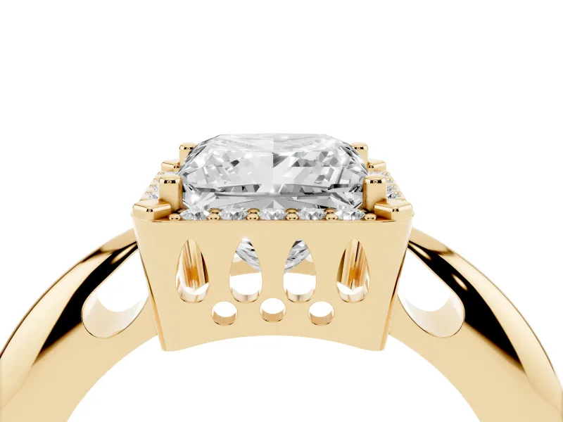 Princess Cut Halo Engagement Ring Setting | Plain Tapered Band | Yellow Gold