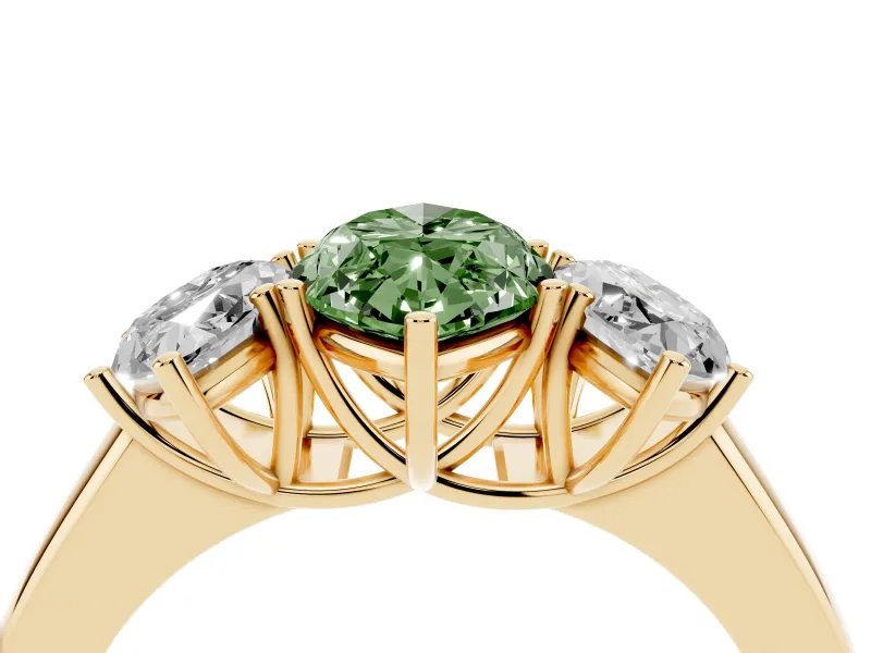 Fancy Green Three-Stone Marquise Cut Diamond Ring Set in Yellow gold with Matching Prong Settings and Plain Band