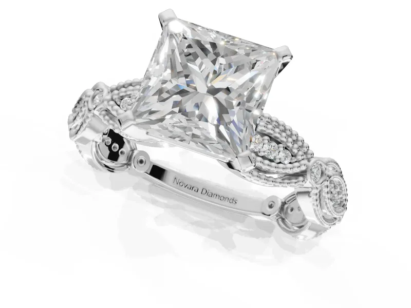 Princess Cut Vintage Milgrain Engagement Ring Setting | Graduated Stations | White Gold