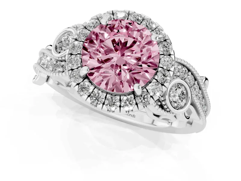 Fancy Pink Round Cut Diamond Halo Ring Set in White gold with Milgrain Pavé Band and Prong Setting