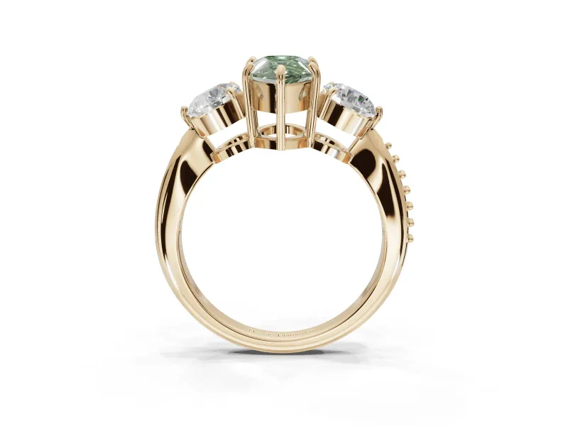 Pear-Shaped Three Stone Engagement Ring Setting for a Fancy Green Lab-Grown Diamond | Tapered Pave Band | Yellow Gold