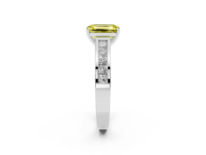 Fancy Yellow Emerald Cut Diamond Solitaire Ring Set in Platinum with Channel-Set Band and Prong Setting