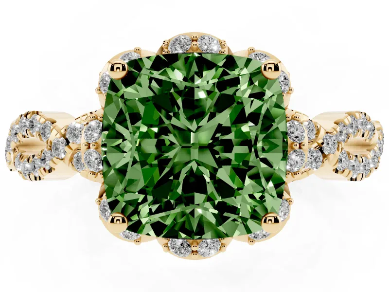 Cushion Cut Halo Engagement Ring Setting for a Fancy Green Lab-Grown Diamond | Yellow Gold - Design NV-24725