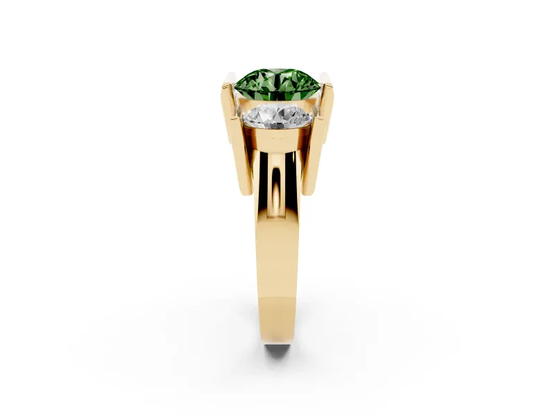 Fancy Green Round Cut Diamond Three-Stone Channel Set Ring Set in Yellow gold with Smooth Polished Band