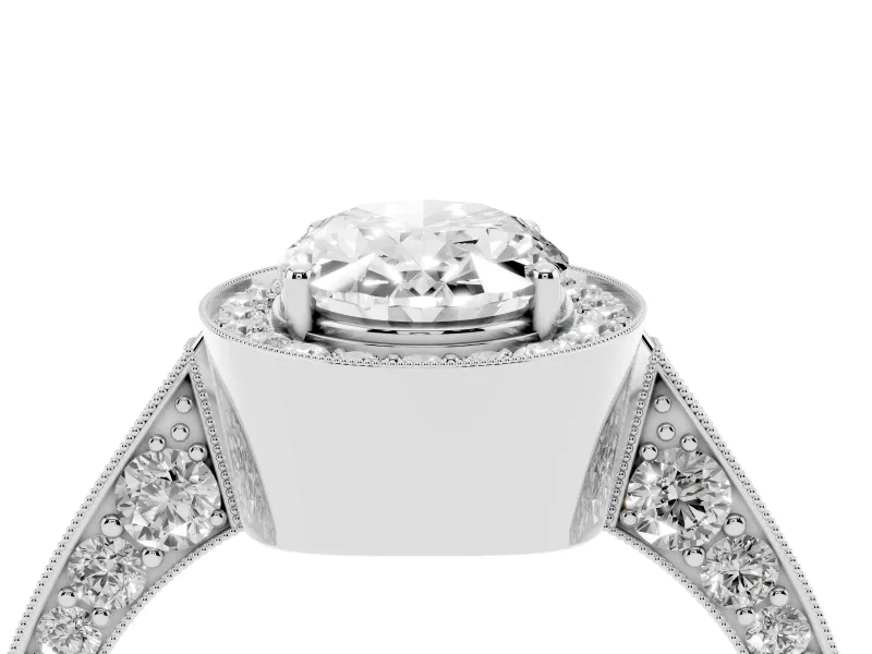 Oval Vintage Milgrain Halo Engagement Ring Setting | Side Stones and Pave | Platinum