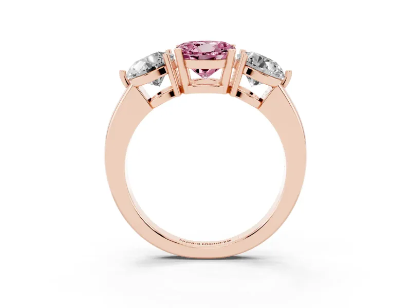 Round Three Stone Engagement Ring Setting for a Fancy Pink Lab-Grown Diamond | Large Round Side Stones | Rose Gold