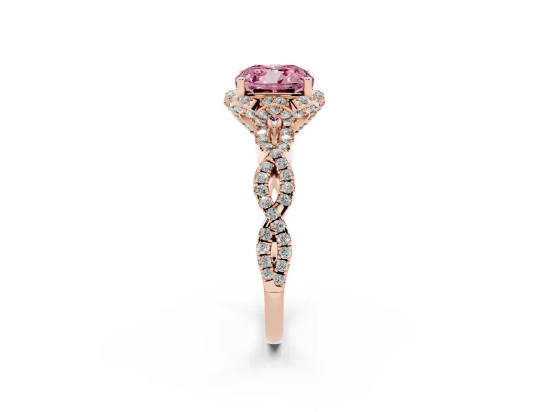 Cushion Cut Milgrain Halo Engagement Ring Setting for a Fancy Pink Lab-Grown Diamond | Graduated Shoulders | Rose Gold