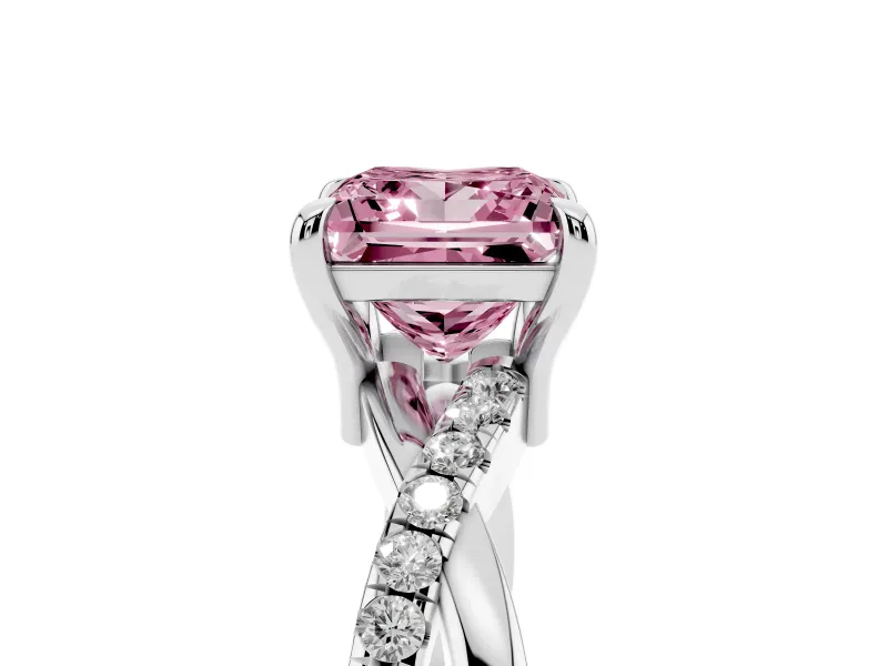 Fancy Pink Princess Cut Diamond Twist Band Solitaire Set in Platinum with Pavé Accents and Prong Setting