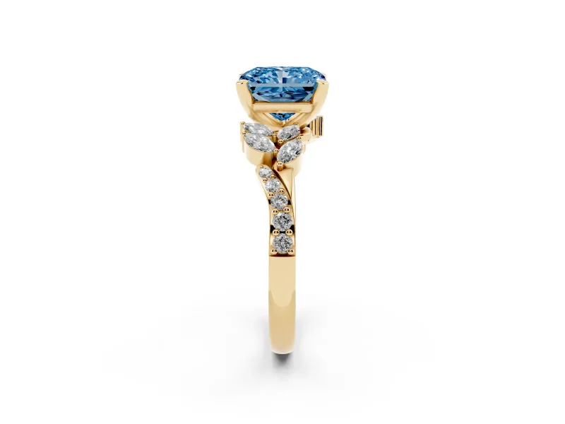 Fancy Blue Radiant Cut Diamond Solitaire Ring Set in Yellow gold with Marquise Twist Band and Prong Setting