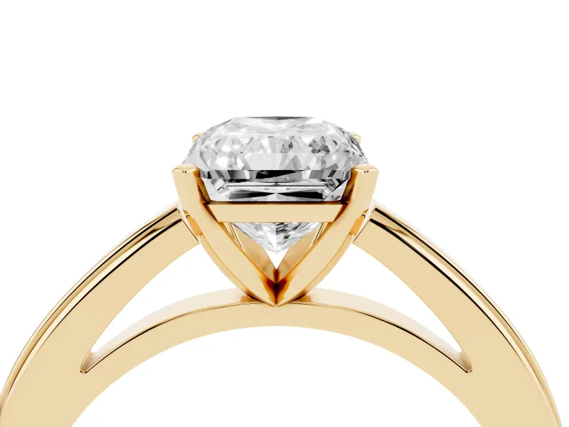 Radiant Cut Diamond Solitaire Ring Set in Yellow gold with Prong Setting and Classic Band