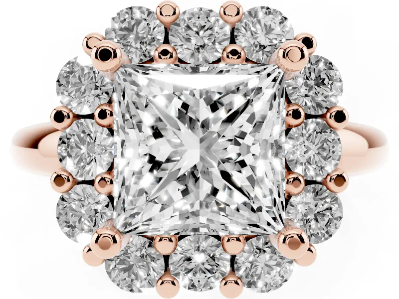 Princess Cut Cluster Halo Engagement Ring Setting | Large Round Accents | Rose Gold