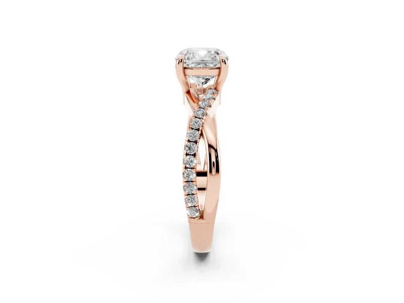 Cushion Cut Diamond Twist Band Solitaire Set in Rose gold with Pavé Accents and Prong Setting