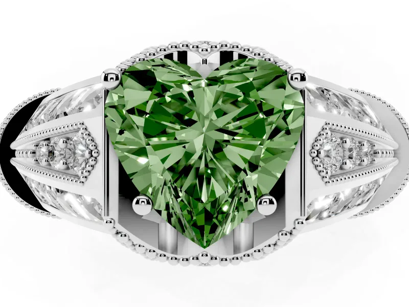 Fancy Green Heart Cut Diamond Vintage-Inspired Milgrain Ring Set in Silver with Accent Split Shank