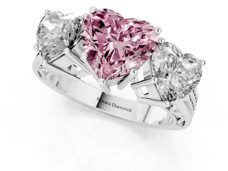 Heart-Shaped Three Stone Engagement Ring Setting for a Fancy Pink Lab-Grown Diamond | Beaded Shoulders | Sterling Silver
