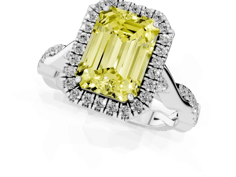 Emerald Cut Halo Engagement Ring Setting for a Fancy Yellow Lab-Grown Diamond | Pavé Twist Band | Sterling Silver