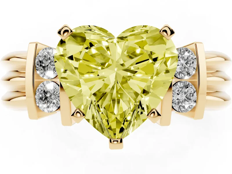 Fancy Yellow Three-Stone Heart Cut Diamond Channel Set Ring Set in Yellow gold with Bar Prongs