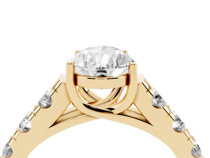 Pear-Shaped Cut-Down Side Stone Engagement Ring Setting | Scalloped Shoulders | Yellow Gold