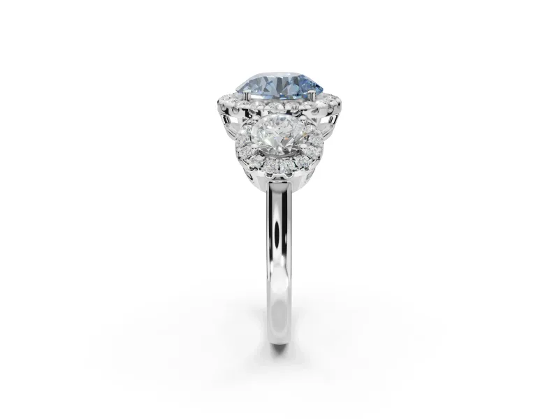 Round Three Stone Halo Engagement Ring Setting for a Fancy Blue Lab-Grown Diamond | Platinum