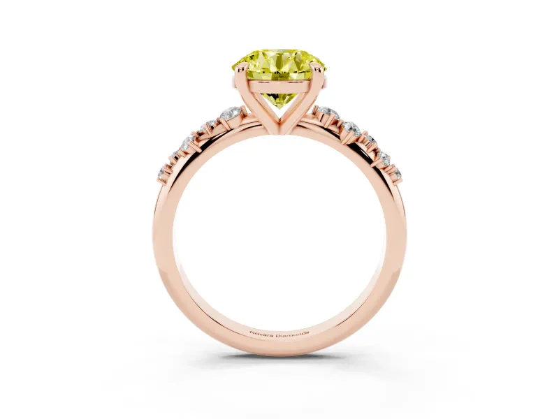 Fancy Yellow Round Cut Diamond Solitaire Vine Band Ring Set in Rose gold with Round Accents and Prong Setting