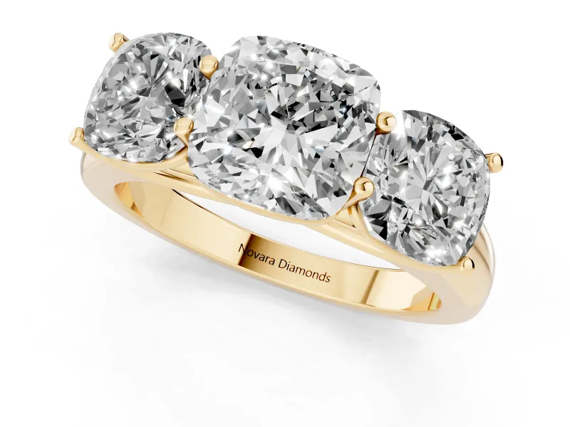 Cushion Cut Three Stone Engagement Ring Setting | Basket Prong Heads | Yellow Gold