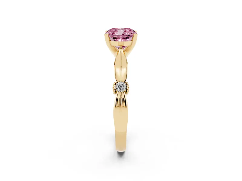 Fancy Pink Cushion Cut Diamond Solitaire Twisted Band Ring Set in Yellow gold with Accent Stones and Prong Setting