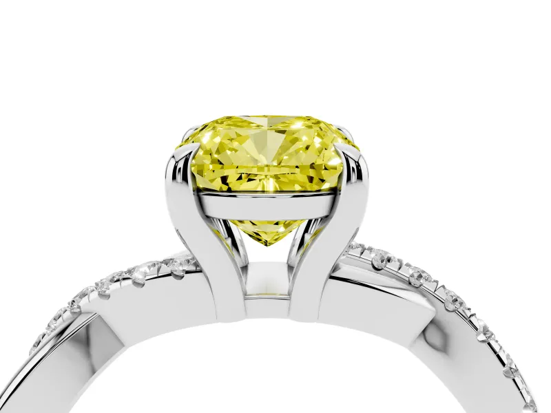 Fancy Yellow Cushion Cut Diamond Twist Band Solitaire Set in White gold with Pavé Accents and Prong Setting