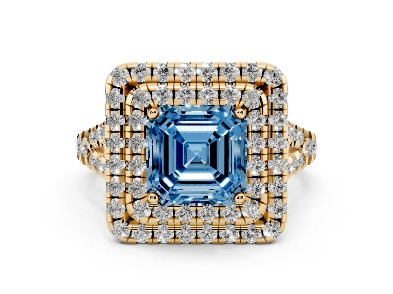 Fancy Blue Asscher Cut Diamond Double Halo Ring Set in Yellow gold with Pavé Split Shank and Prong Setting