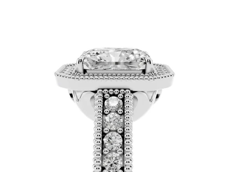 Radiant Cut Diamond Halo Ring Set in White gold with Round Accent Halo, Pavé Band and Prong Setting