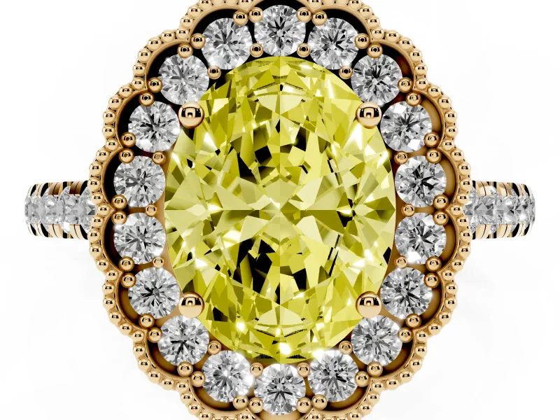 Fancy Yellow Oval Cut Diamond Milgrain Floral Halo Engagement Ring Set in Yellow gold with Pavé Band
