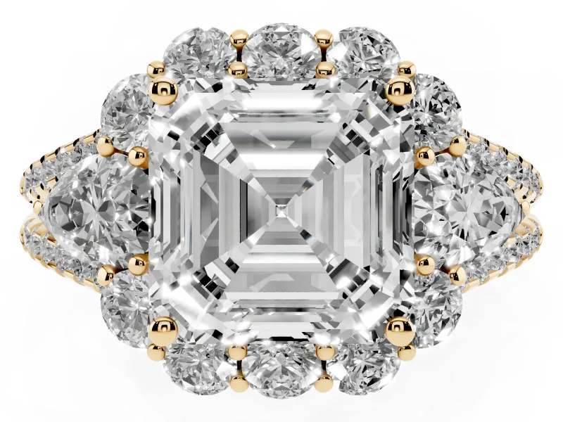Asscher Cut Scalloped Halo Engagement Ring Setting | Pear Side Stones | Yellow Gold