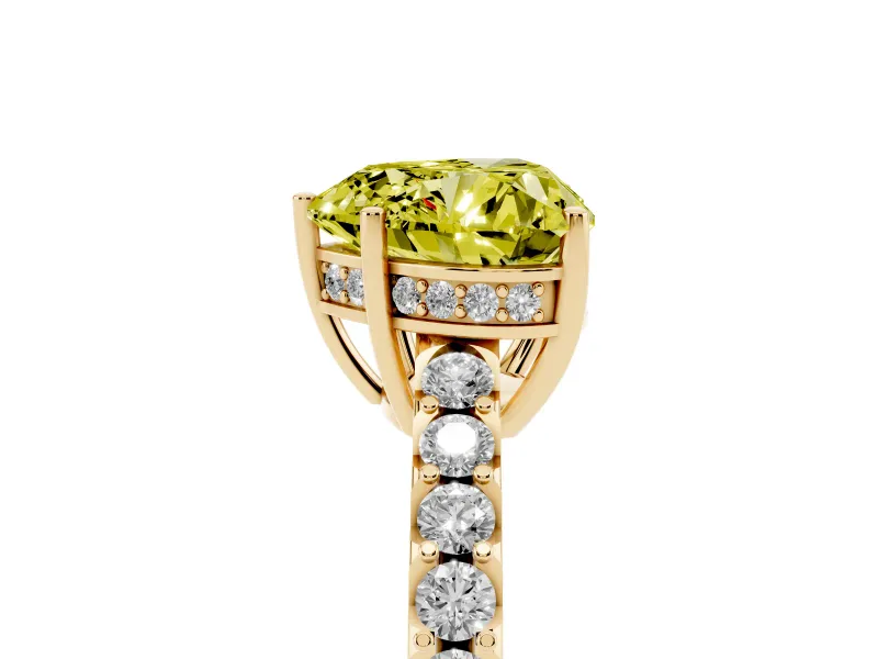 Fancy Yellow Heart Cut Diamond Solitaire Engagement Ring Set in Yellow gold with Pavé Band and Prong Setting