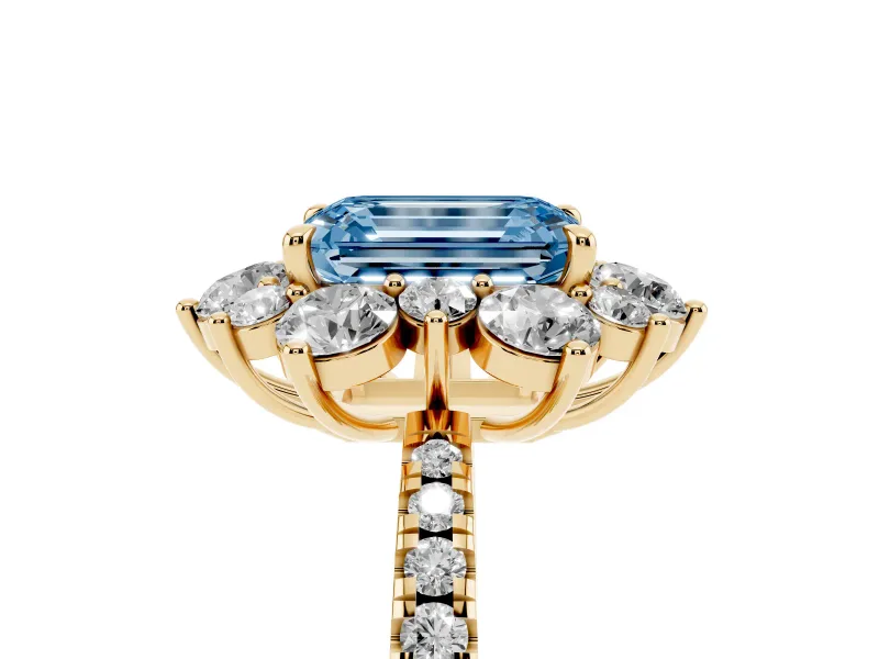 Fancy Blue Emerald Cut Diamond Floral Halo Ring Set in Yellow gold with Round Pavé Band and Prong Setting