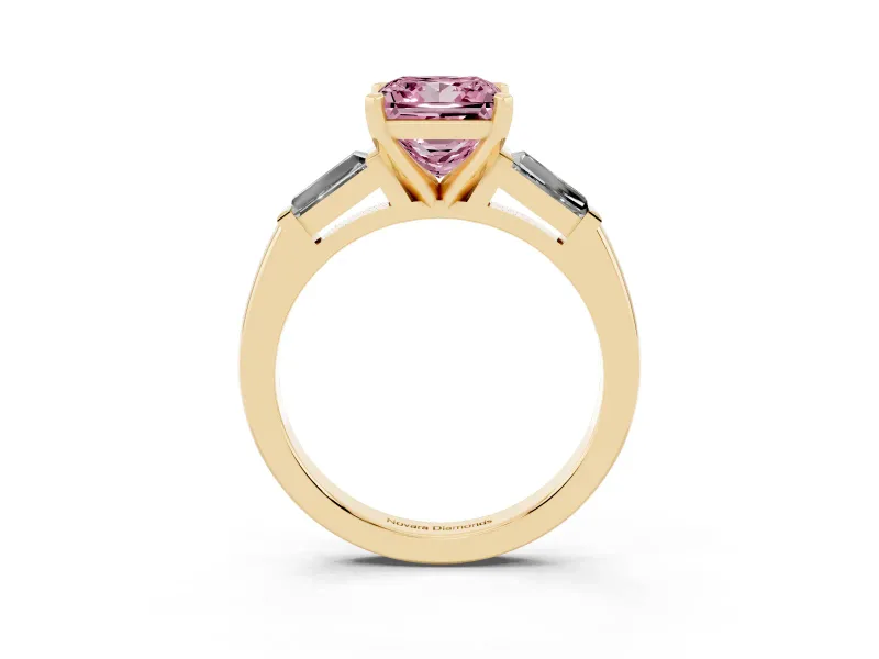 Fancy Pink Princess Cut Diamond Solitaire Ring Set in Yellow gold with Tapered Baguette Side Stones and Prong Setting