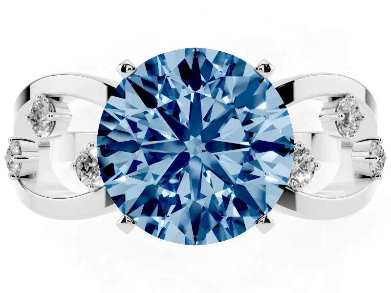Fancy Blue Round Cut Diamond Solitaire Ring Set in Platinum with Side Stones on Criss-Cross Band and Prong Setting