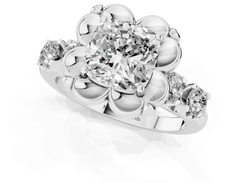 Cushion Cut Floral Engagement Ring Setting | Petal Frame and Side Stones | White Gold