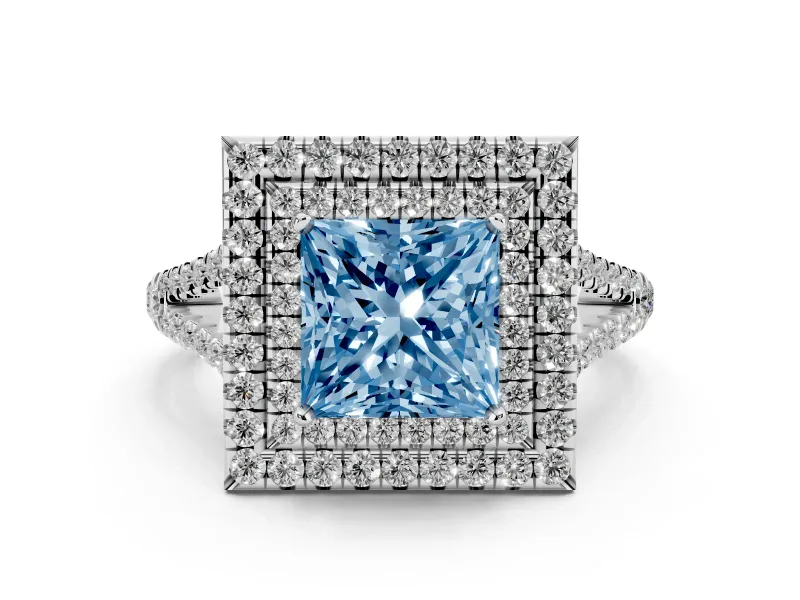 Fancy Blue Princess Cut Diamond Double Halo Ring Set in Silver with Pavé Band