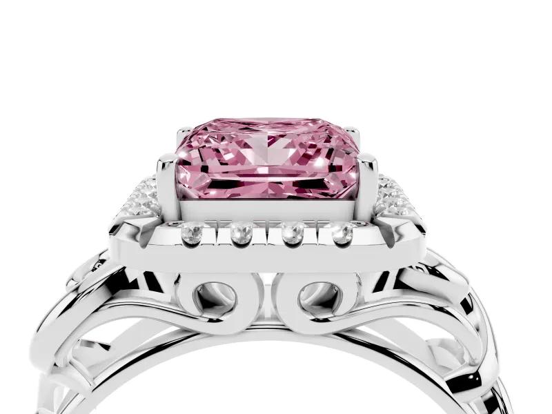 Fancy Pink Princess Cut Diamond Halo Ring Set in White gold with Scrollwork Band and Prong Setting