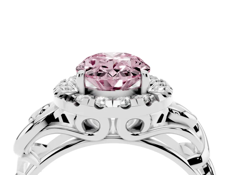 Fancy Pink Oval Cut Diamond Halo Ring Set in Platinum with Scrollwork Band and Prong Setting