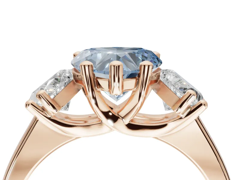 Heart-Shaped Three Stone Engagement Ring Setting for a Fancy Blue Lab-Grown Diamond | Wide Tapered Shoulders | Rose Gold