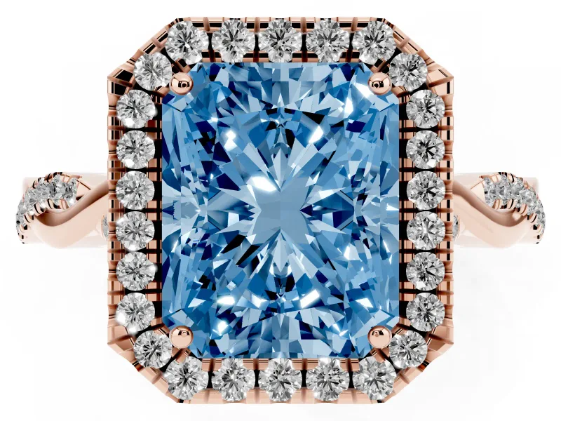 Radiant Cut Twist Halo Engagement Ring Setting for a Fancy Blue Lab-Grown Diamond | Rose Gold