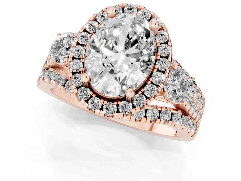 Oval Halo Split Shank Engagement Ring Setting | Round Side Stones | Rose Gold