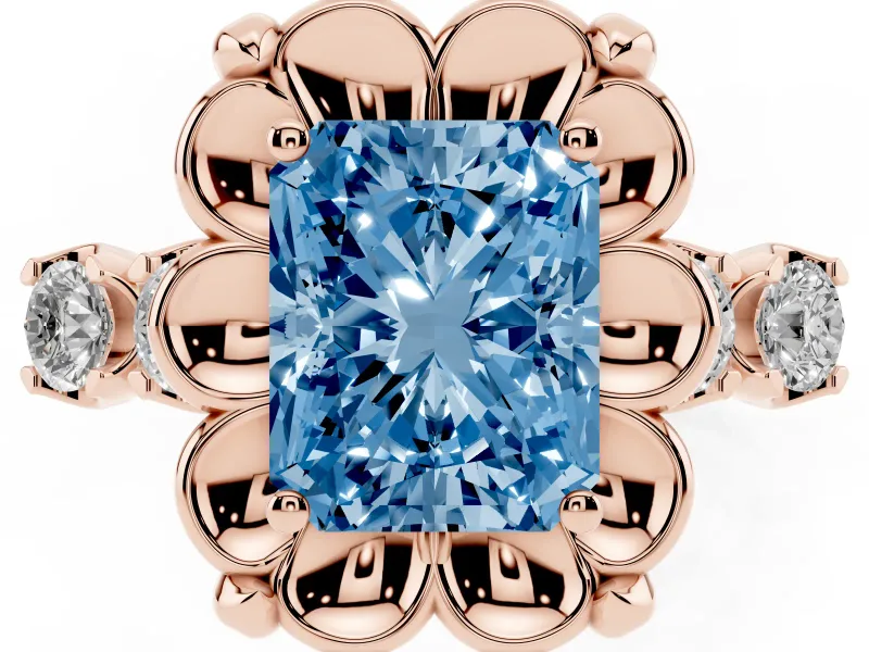 Fancy Blue Radiant Cut Diamond Floral Halo Ring Set in Rose gold with Shared Prong Band